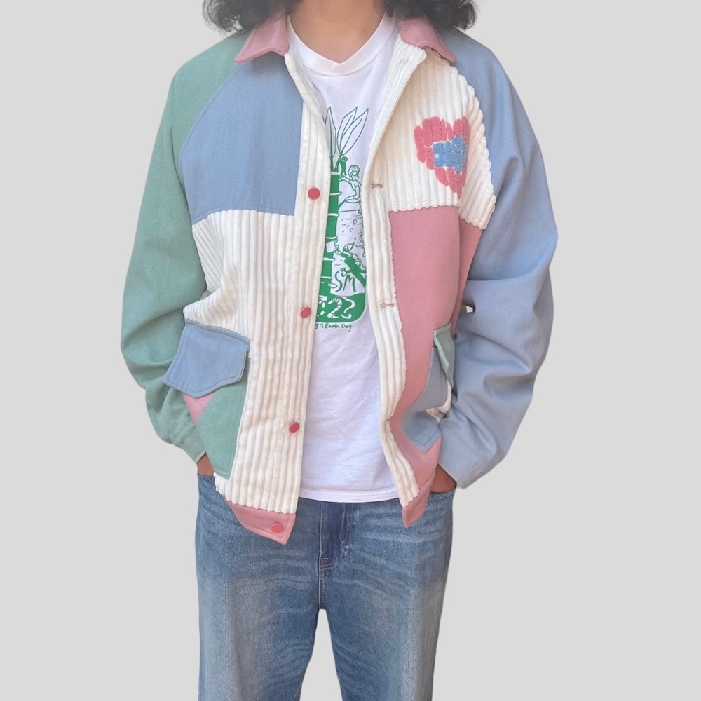 Aelfric Eden Color Block Patchwork Corduroy Heart Varsity Jacket Unisex XL (Y2K)